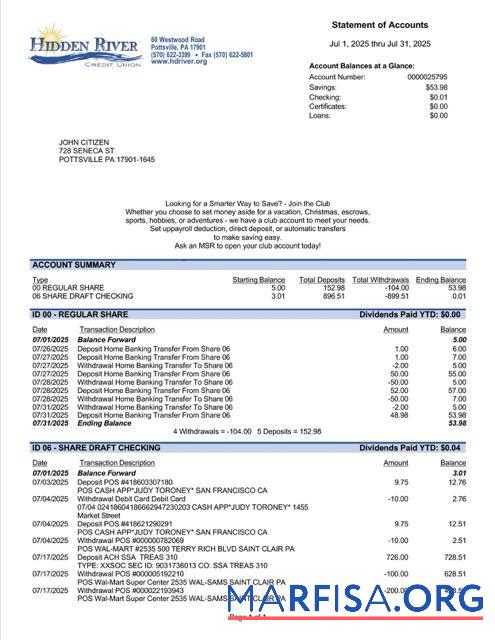 Realistic USA Pennsylvania Hidden River Credit Union statement of account word real example